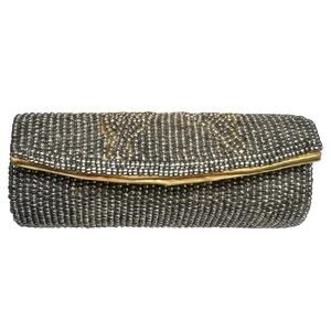Vintage Black Silver Beaded Lipstick Case Butterfly Pattern Orange Satin Lined